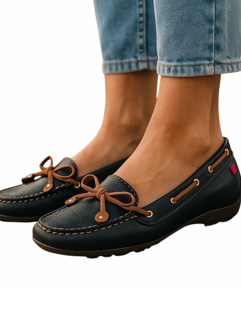 Marc Joseph Navy Blue Leather Flats with Brown Lace Trim Size 8